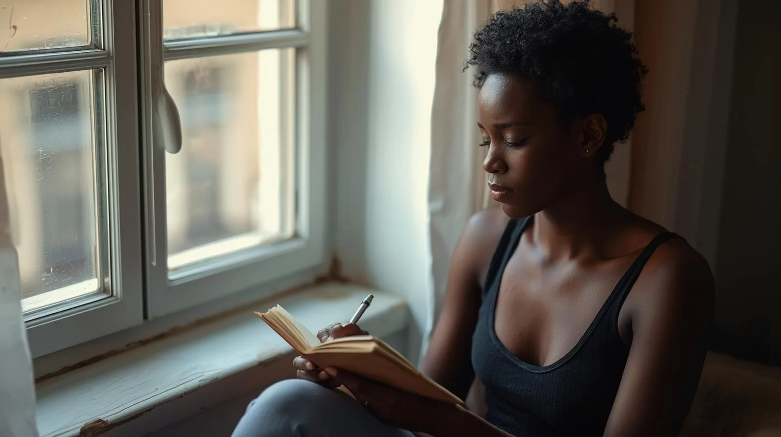 A woman with short curly hair wearing a black tank top is sitting by a window, writing in a small notebook with a pen.