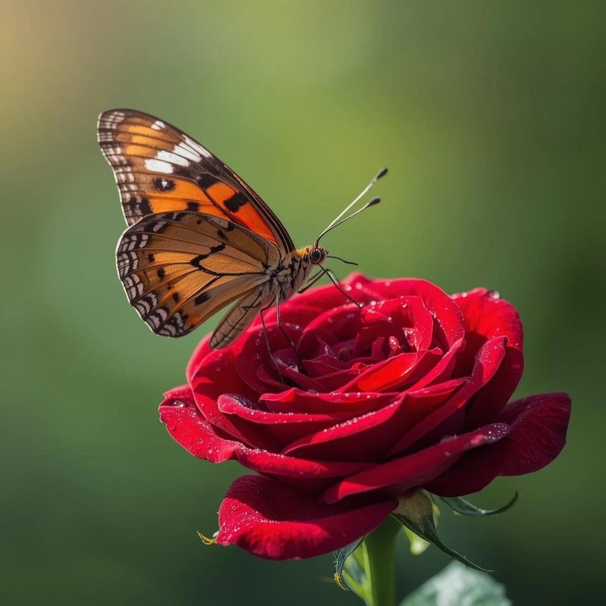 A butterfly perched on a red rose with dew droplets, green blurred background.