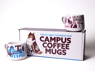 A rotating GIF shows three images highlighting a collection of four mugs that feature Texas A&M iconography.