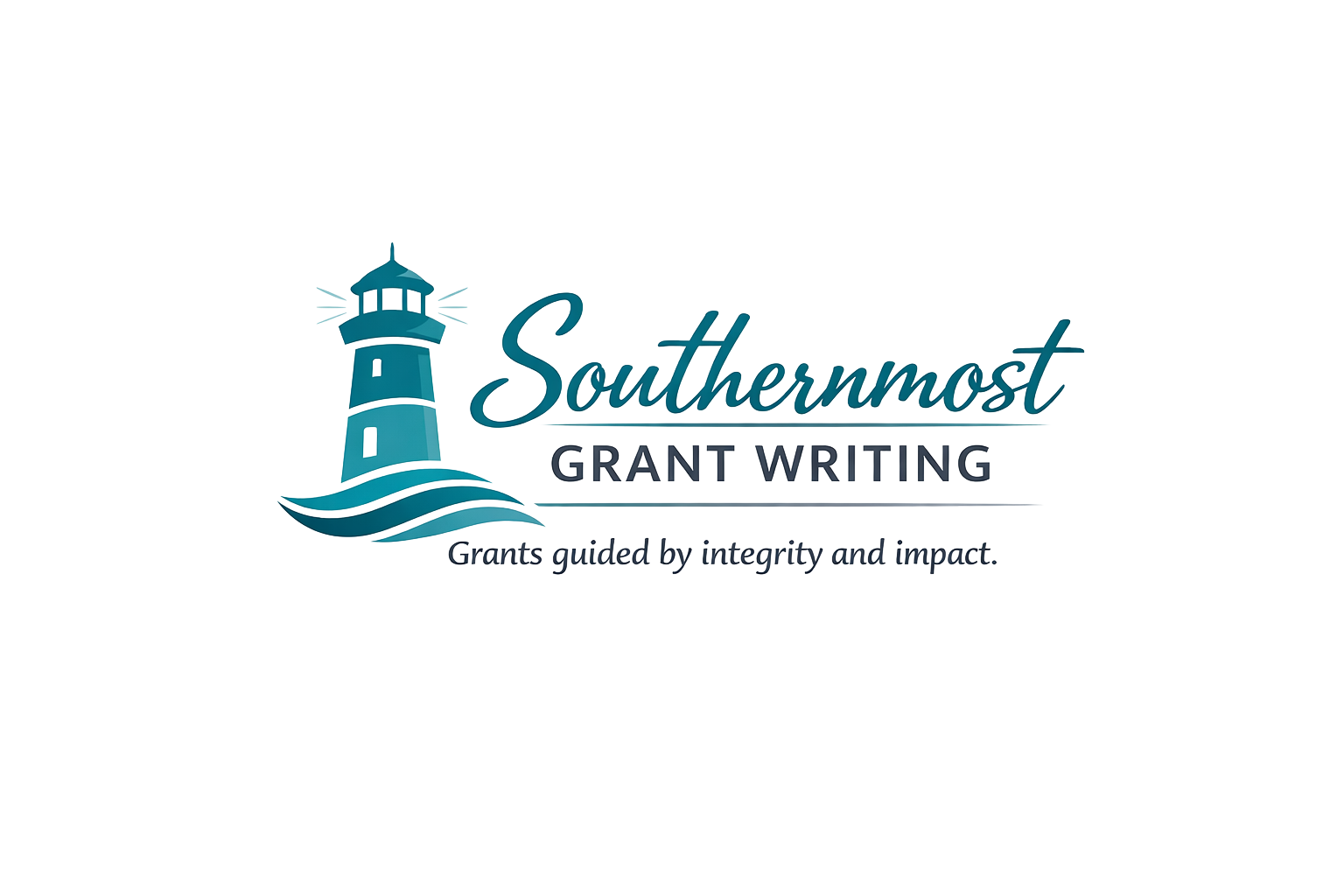 Logo for Southernmost Grant Writing with a lighthouse, waves, and tagline 'Grants guided by integrity and impact.'