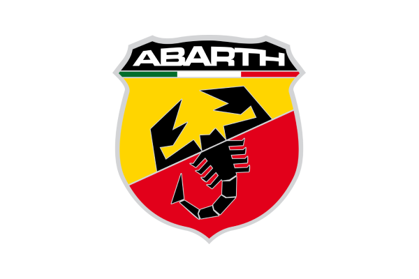 Abarth logo featuring a stylized scorpion in black on a shield divided into yellow and red sections, with the word "ABARTH" at the top in white letters.