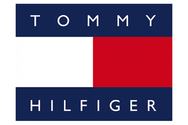 Logo for Tommy Hilfiger featuring a horizontal red and white stripe, with 'TOMMY' above and 'HILFIGER' below in white text on a navy blue background.