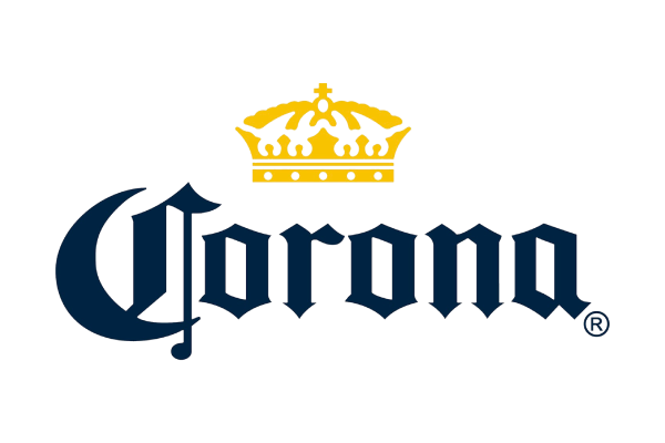 Corona beer logo with gold crown above the word 'Corona' in stylized dark blue font.