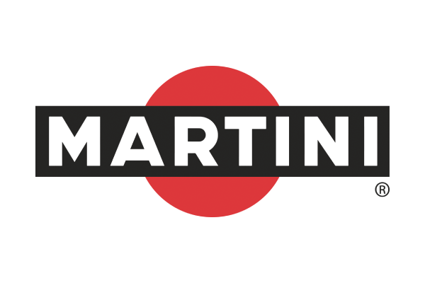 Martini logo with white text on black background and red circle behind the text