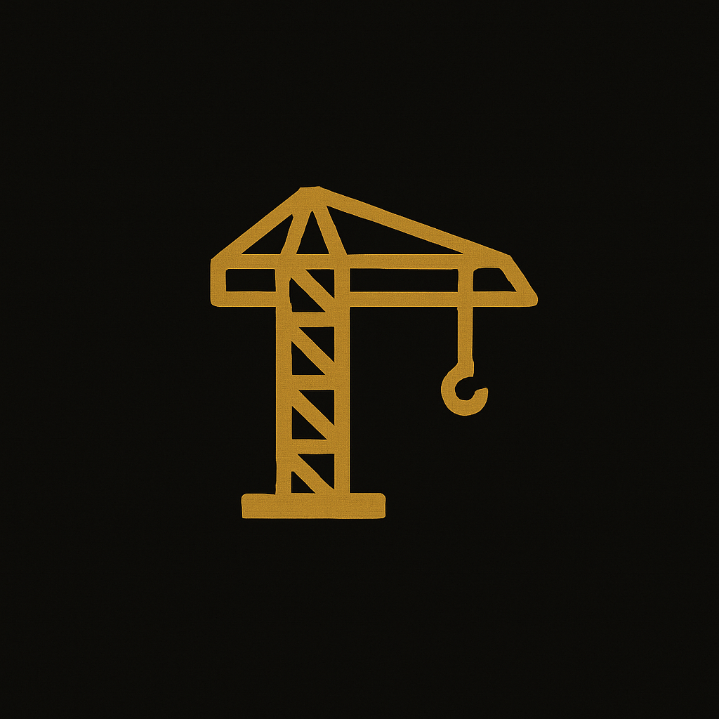 Gold outline of a construction crane on a black background.