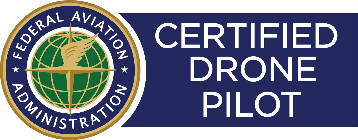 Federal Aviation Administration badge with a globe and compass logo next to the text "Certified Drone Pilot" on a dark blue background.
