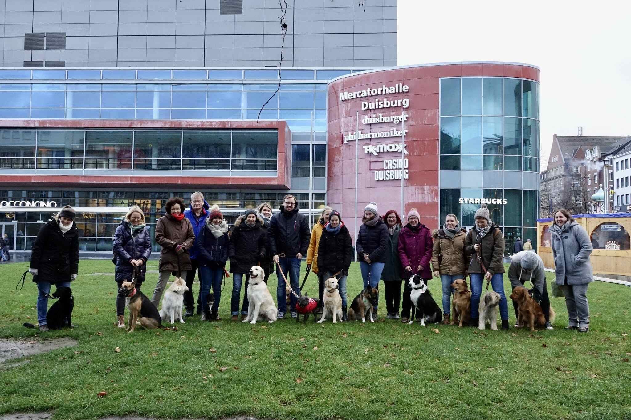 Hundegruppe vor dem CityPalais in Duisburg.jpg