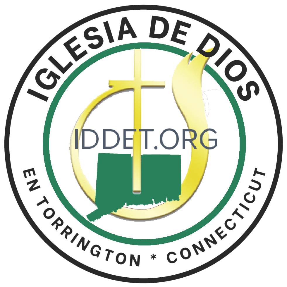 Seal of the Iglesia de Dios in Tobrington, Connecticut, featuring a cross, a flame, and a green shape of Connecticut, with text surrounding the circle that reads "Iglesia de Dios en Tobrington, Connecticut" and "ppd.org" in the center.