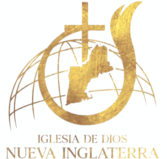 Logo of the Church of God in New England, featuring a globe, a cross, and a flame, with the shape of New England and the text that reads 'Iglesia de Dios Nueva Inglaterra'.