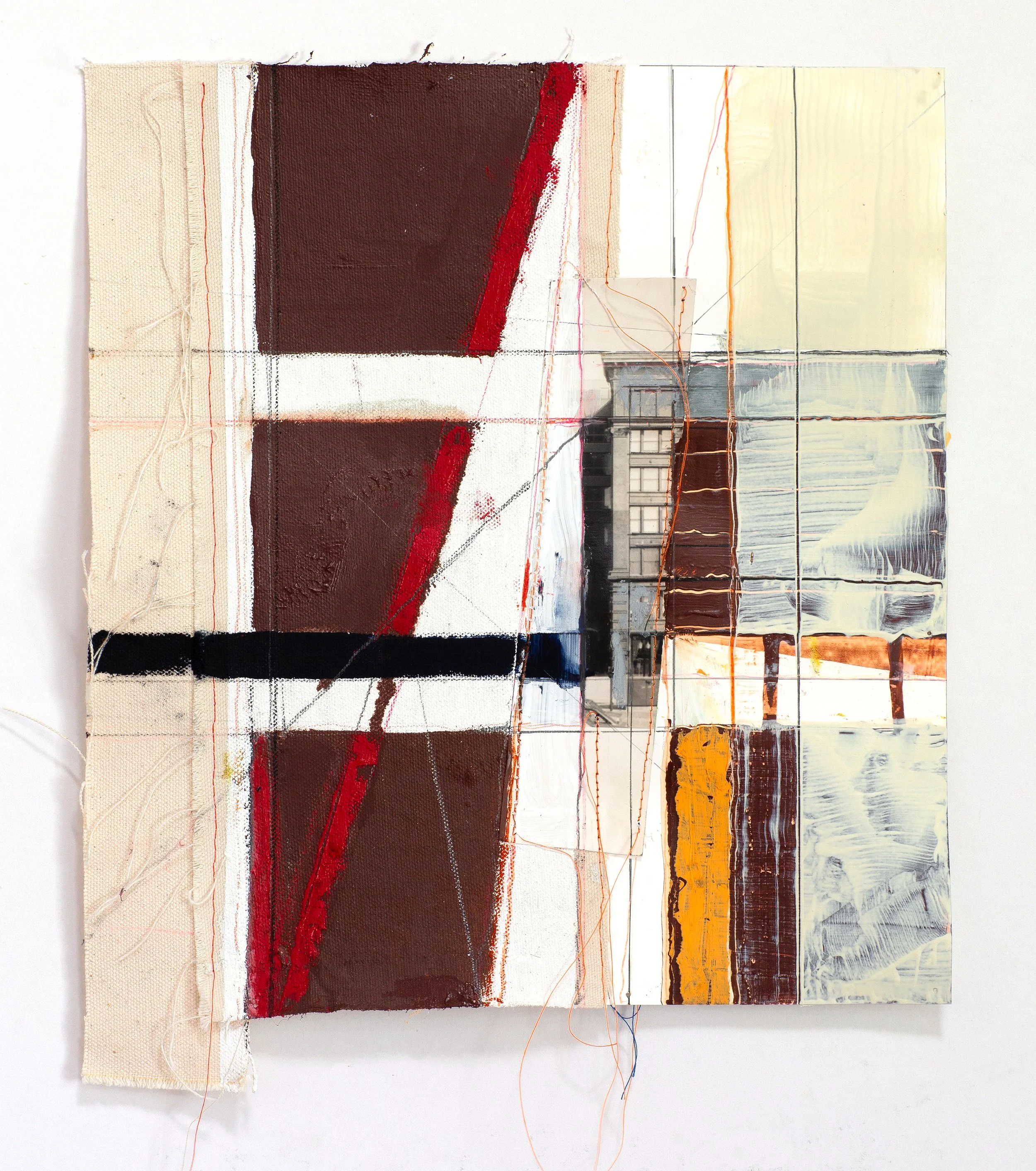 Foreseen, oil and mixed media on sewn canvas, 13" x 11", 2024