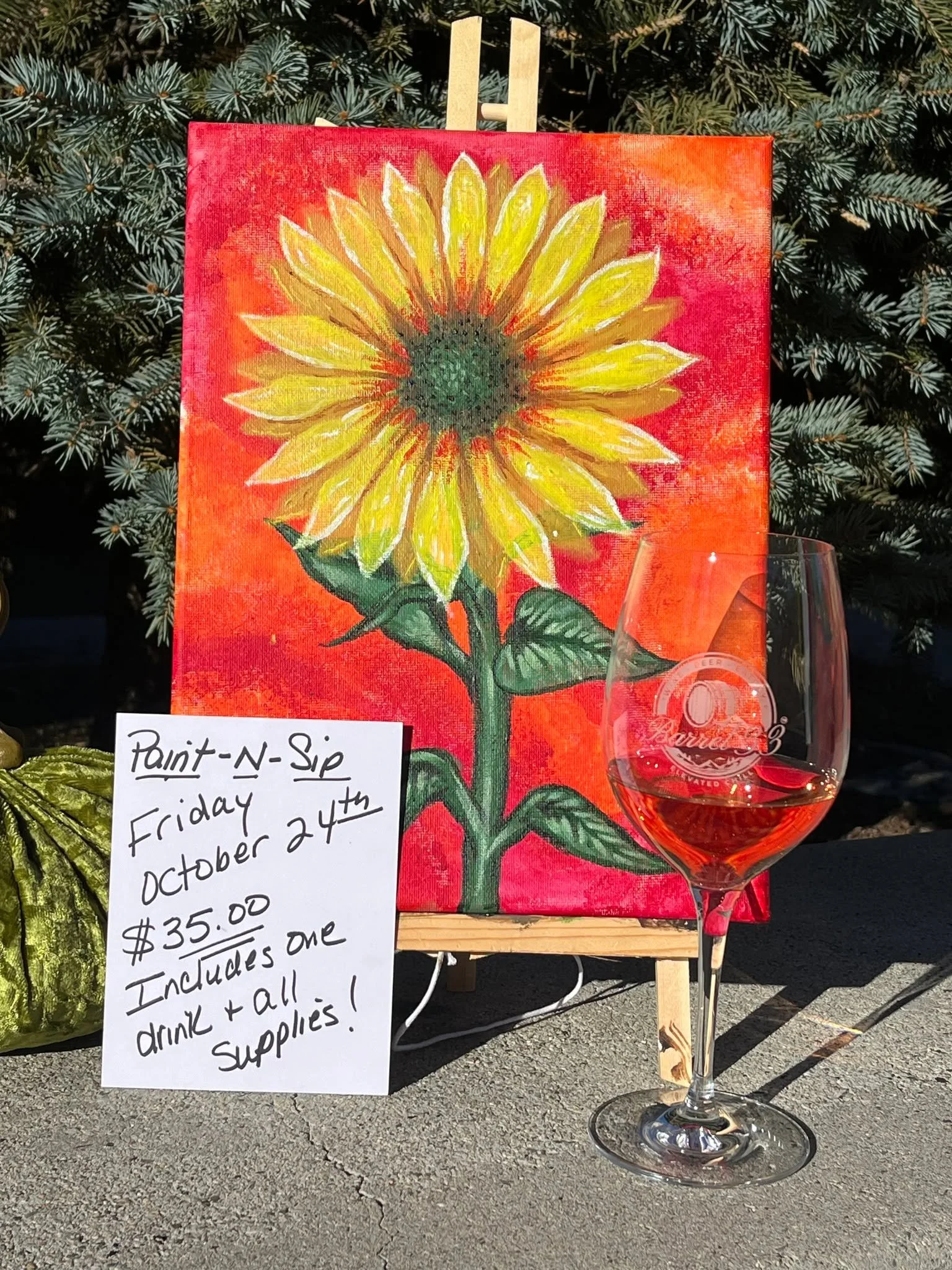 Fall is in full swing here in Big Bear and we're so excited to get cozy with you this Friday for our Paint and Sip! Our lovely instructor, Dan, will guide you through creating this sunflower masterpiece. All you need to bring is your good vibes~ 🌻 #