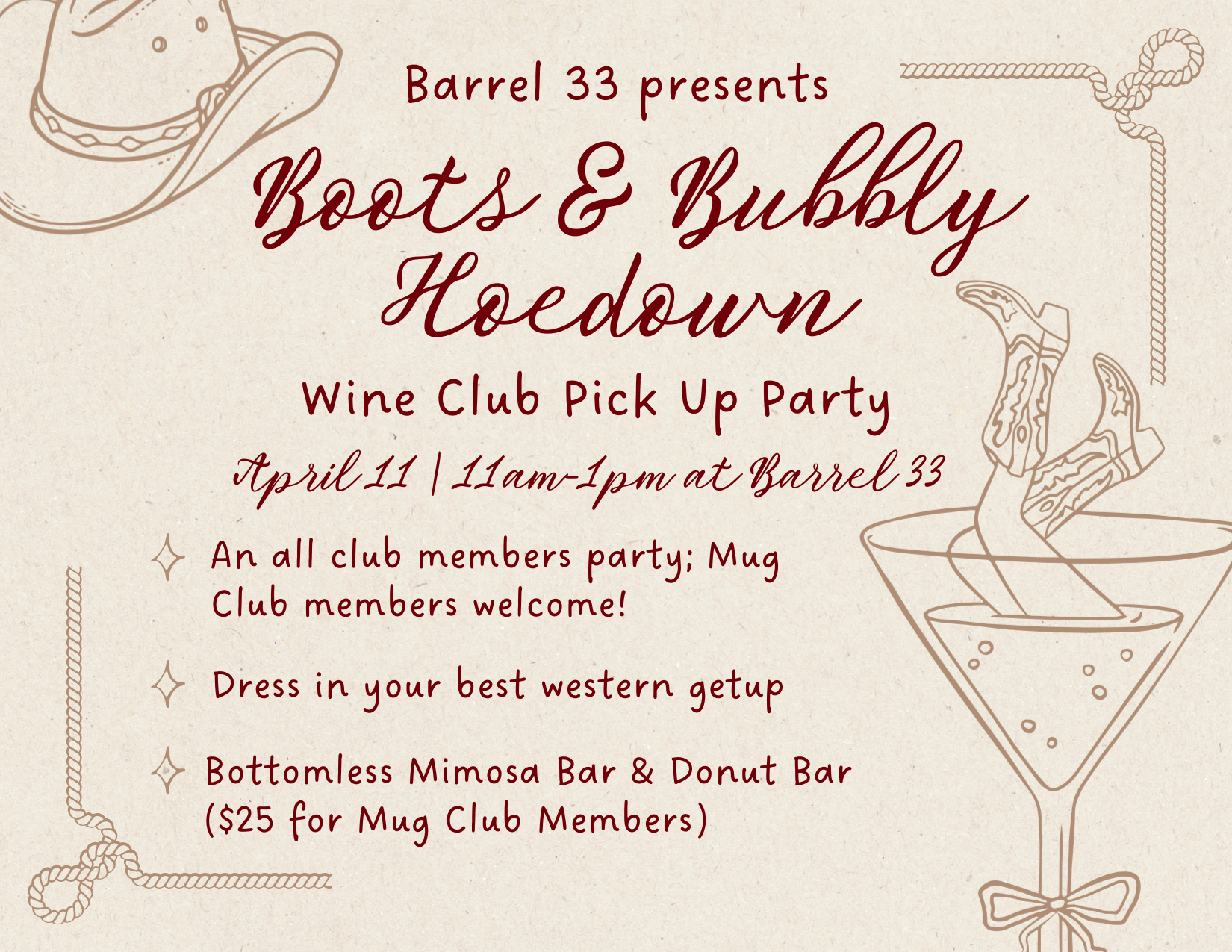 Boots &amp; Bubbly: Wine Club Pick-up party