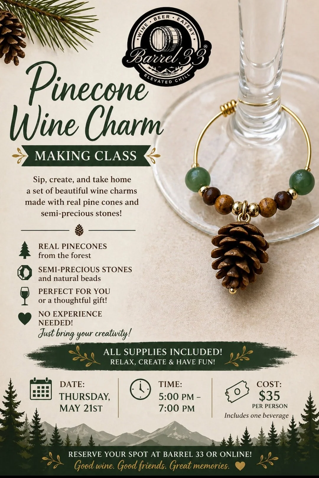 Pinecone wine charm workshop
