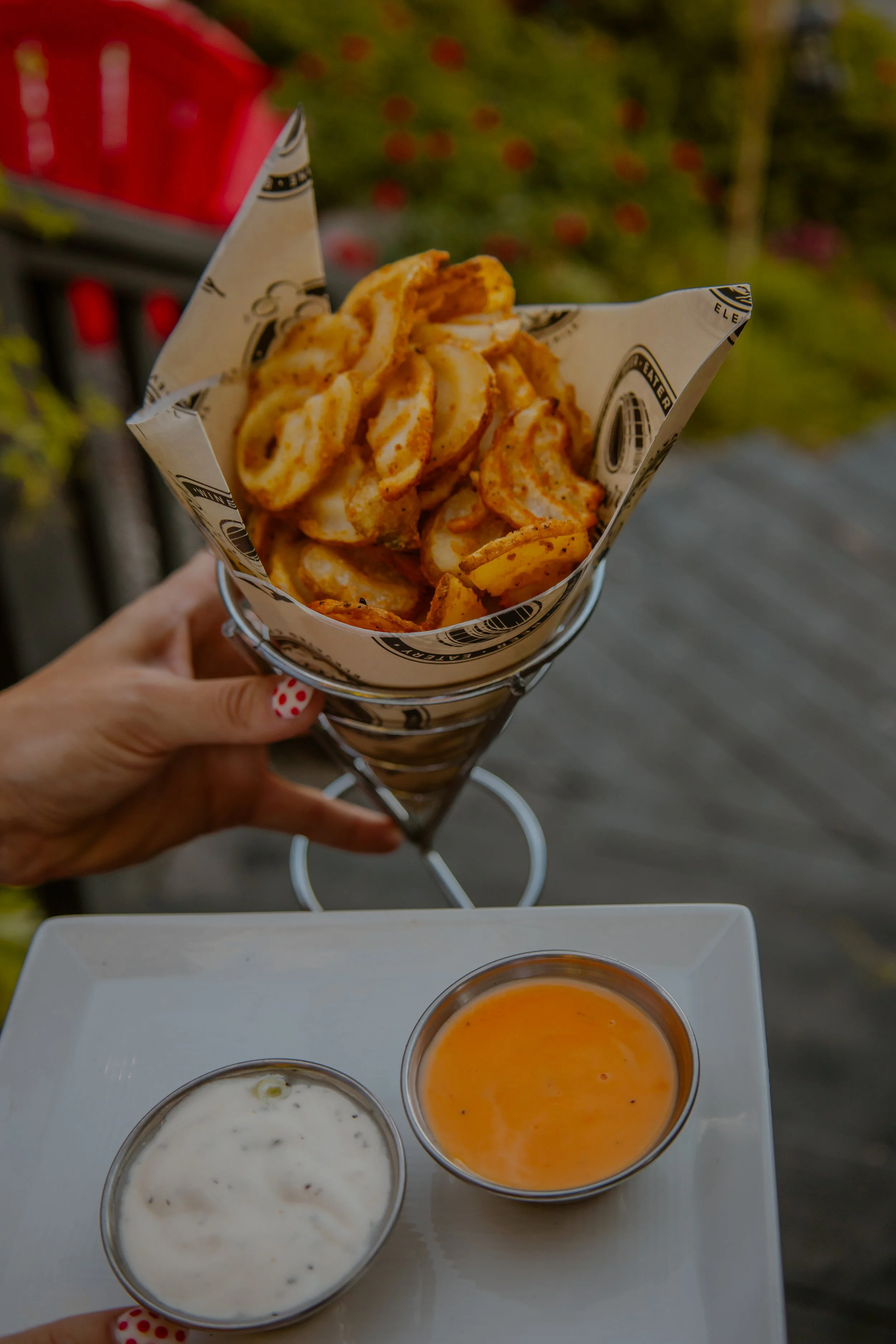 Swirl fries with beer cheese and ranch