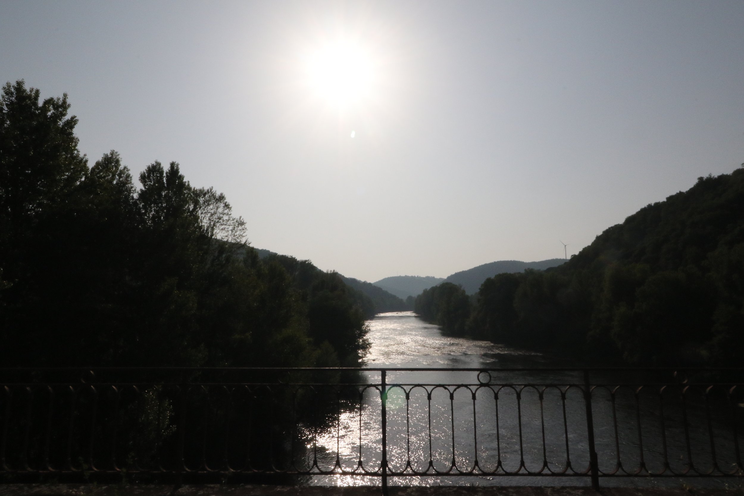 Vue d'une rivière entourée d'arbres sous un ciel ensoleillé, avec un garde-corps au premier plan.