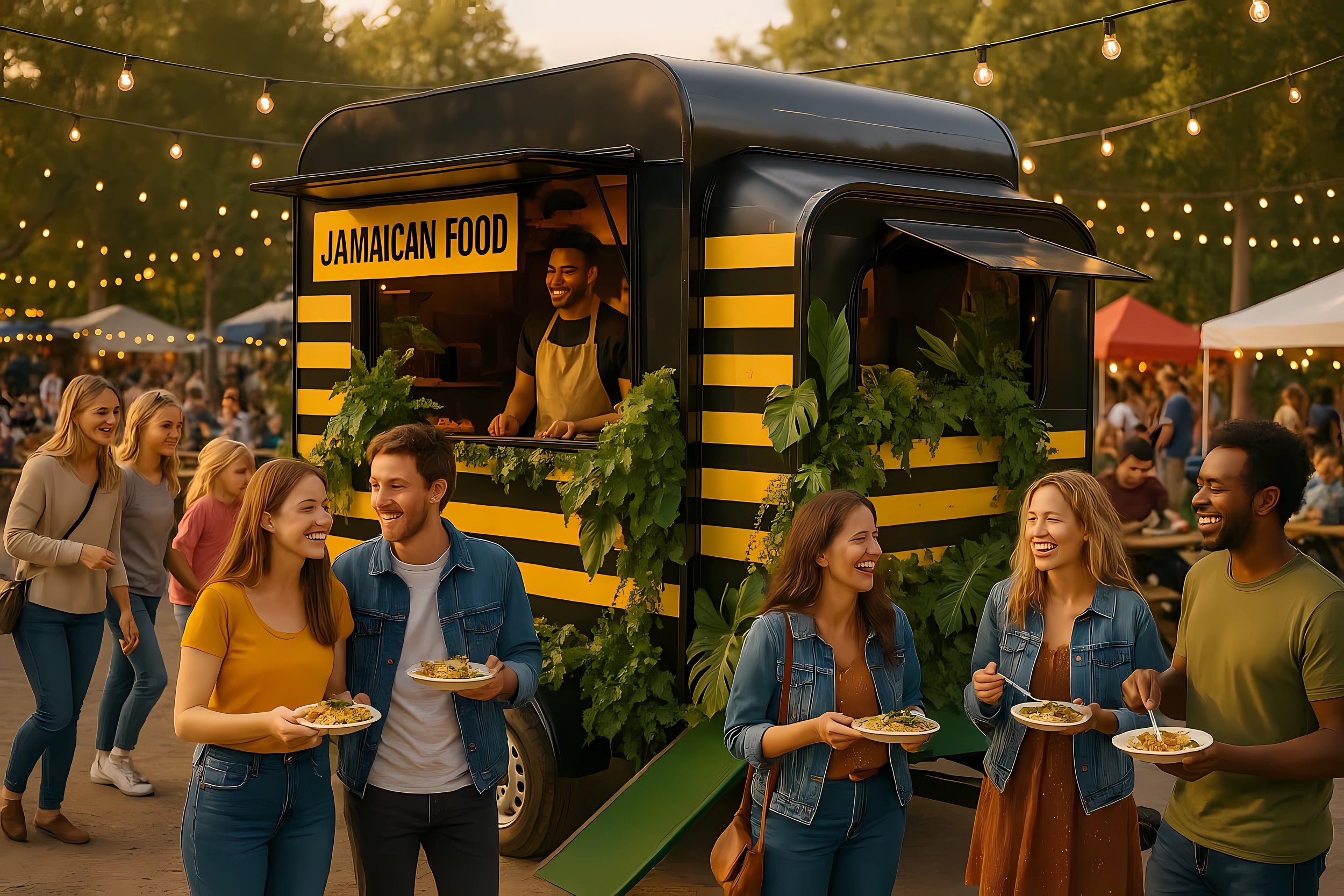 People enjoying food at a Jamaican food truck at an outdoor festival with string lights overhead.