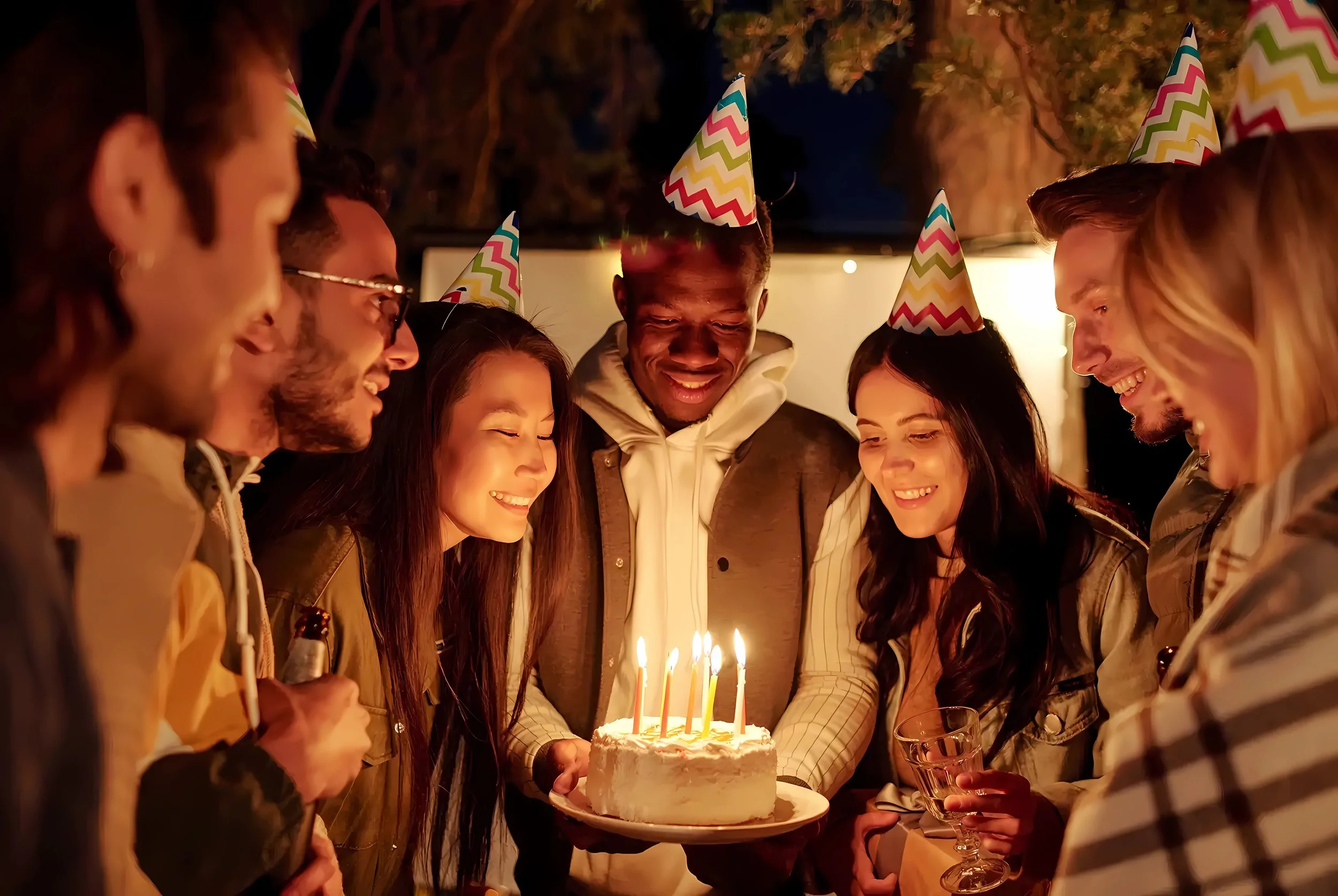 A group of friends celebrating a birthday, wearing party hats, gathered around a cake with lit candles, smiling and laughing.