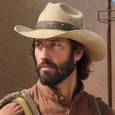 Man with a beard and long hair wearing a beige cowboy hat and brown shirt.