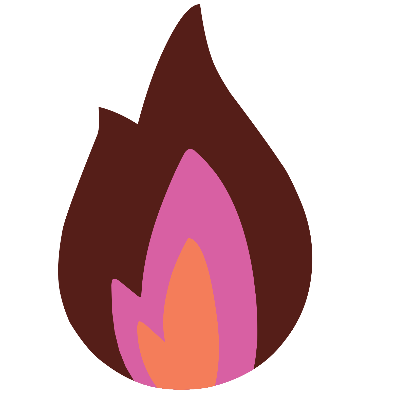 Digital illustration of a flame with layers in black, purple, orange, and pink.