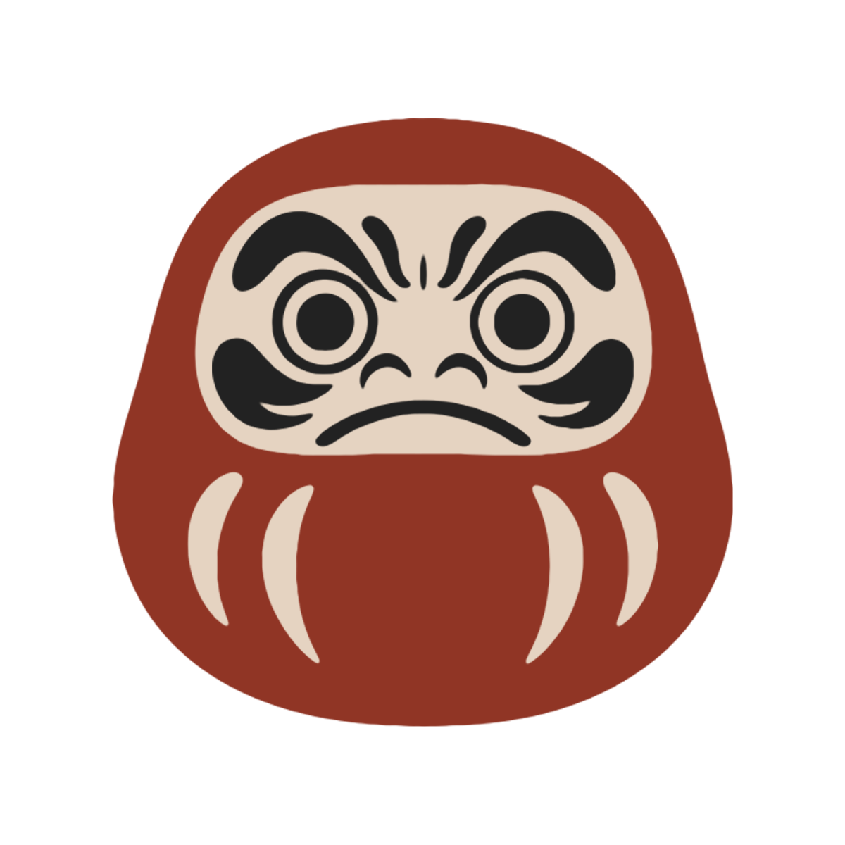 Business logo depicting a Daruma Doll. The body is wine red with a stoic face.