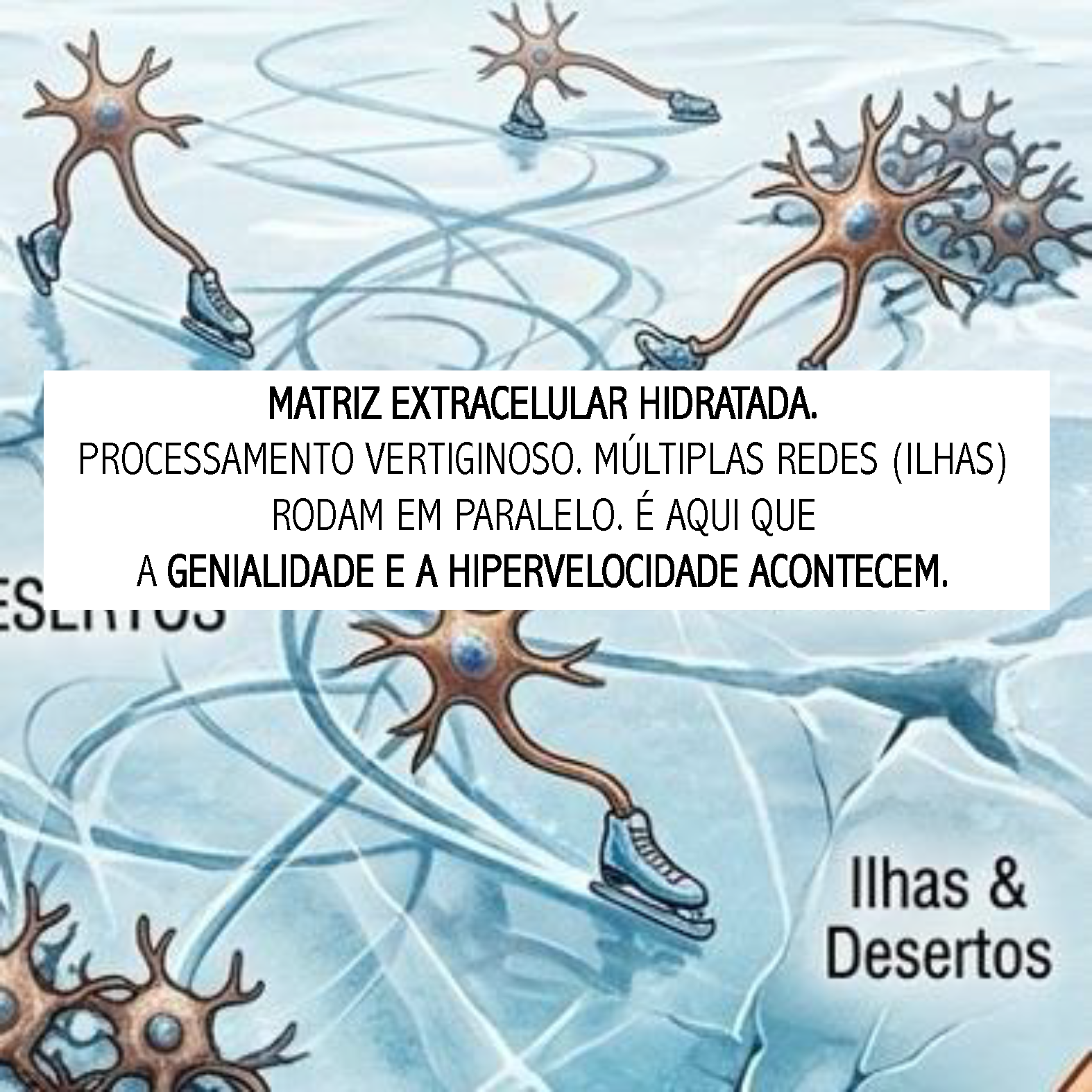 Zoom-in na metade direita superior (Matriz Hidratada, neurônios velozes com patins cruzando ilhas).