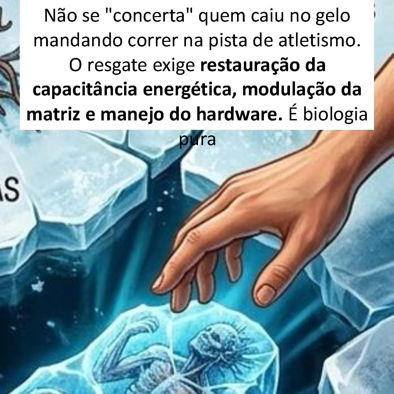 Zoom-in na mão descendo pela fenda para resgatar o sistema congelado.