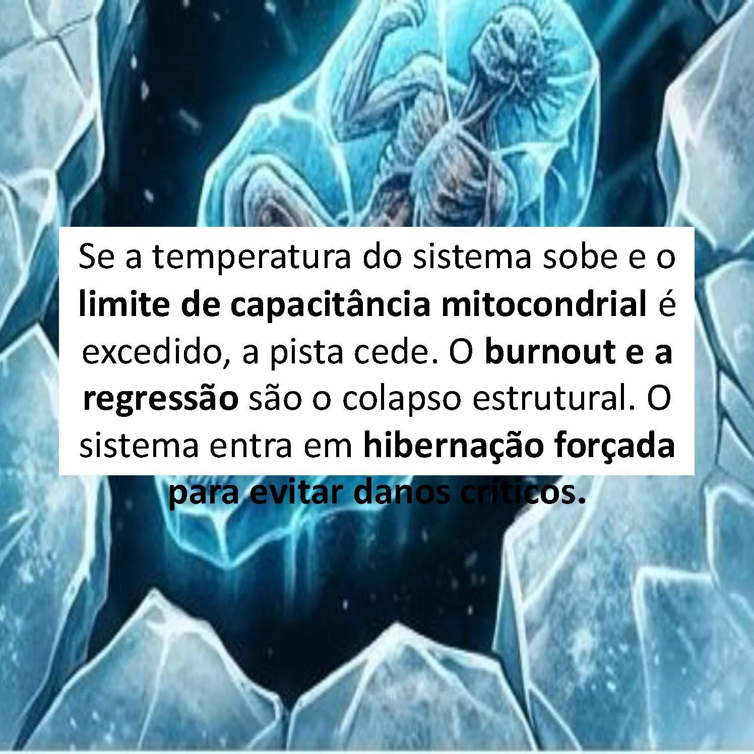 Zoom-in no detalhe do gelo quebrado e da figura humana hibernando na água azul-escura.