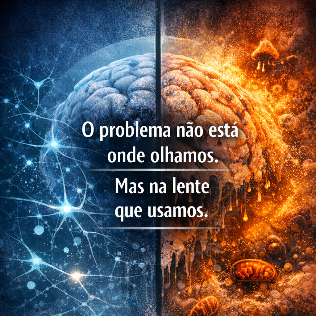 Cérebro dividido em dois, à esquerda azul focado apenas na conexão, à direita avermelhado no custo termodinâmico de manter o sistema