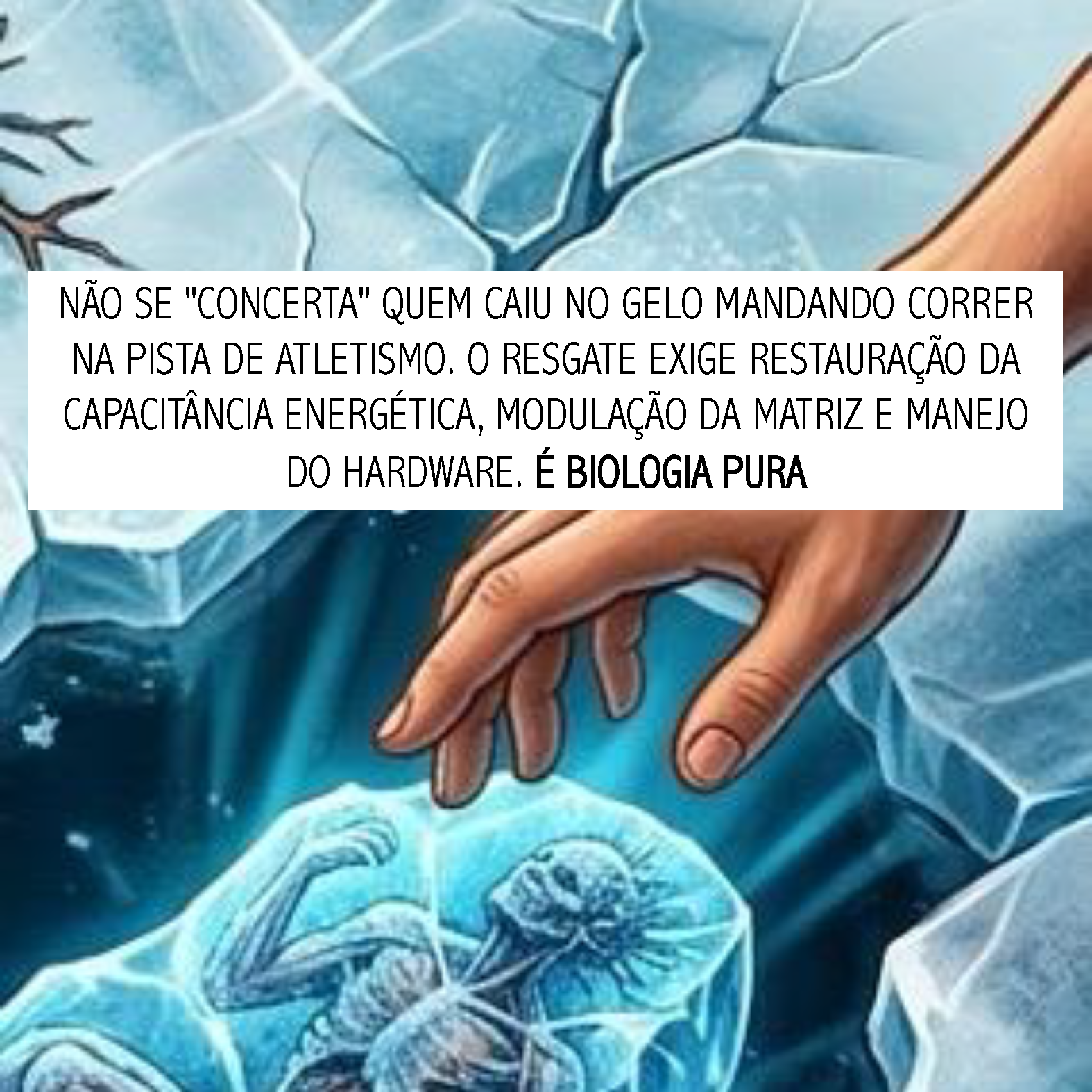 Zoom-in na mão descendo pela fenda para resgatar o sistema congelado.