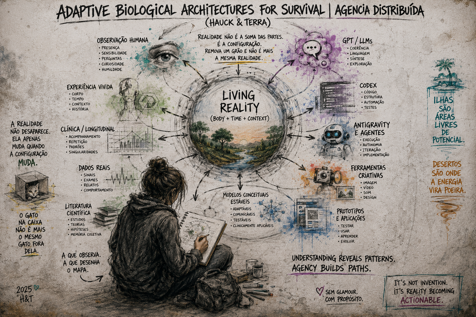 Infográfico sobre arquiteturas biológicas adaptativas para sobrevivência, destacando elementos como observação humana, experiência vivida, dados reais, literatura científica, modelos conceituais, ferramentas criativas, protótipos, e compreensão de padrões. Inclui citações sobre a realidade, áreas livres de potencial, e a importância do caos e energia.