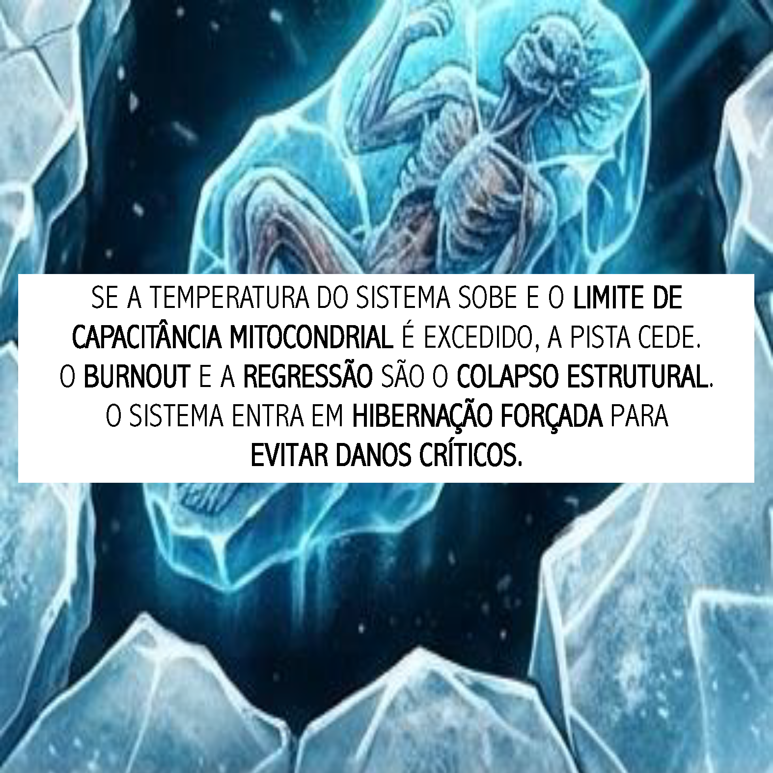 Zoom-in no detalhe do gelo quebrado e da figura humana hibernando na água azul-escura.