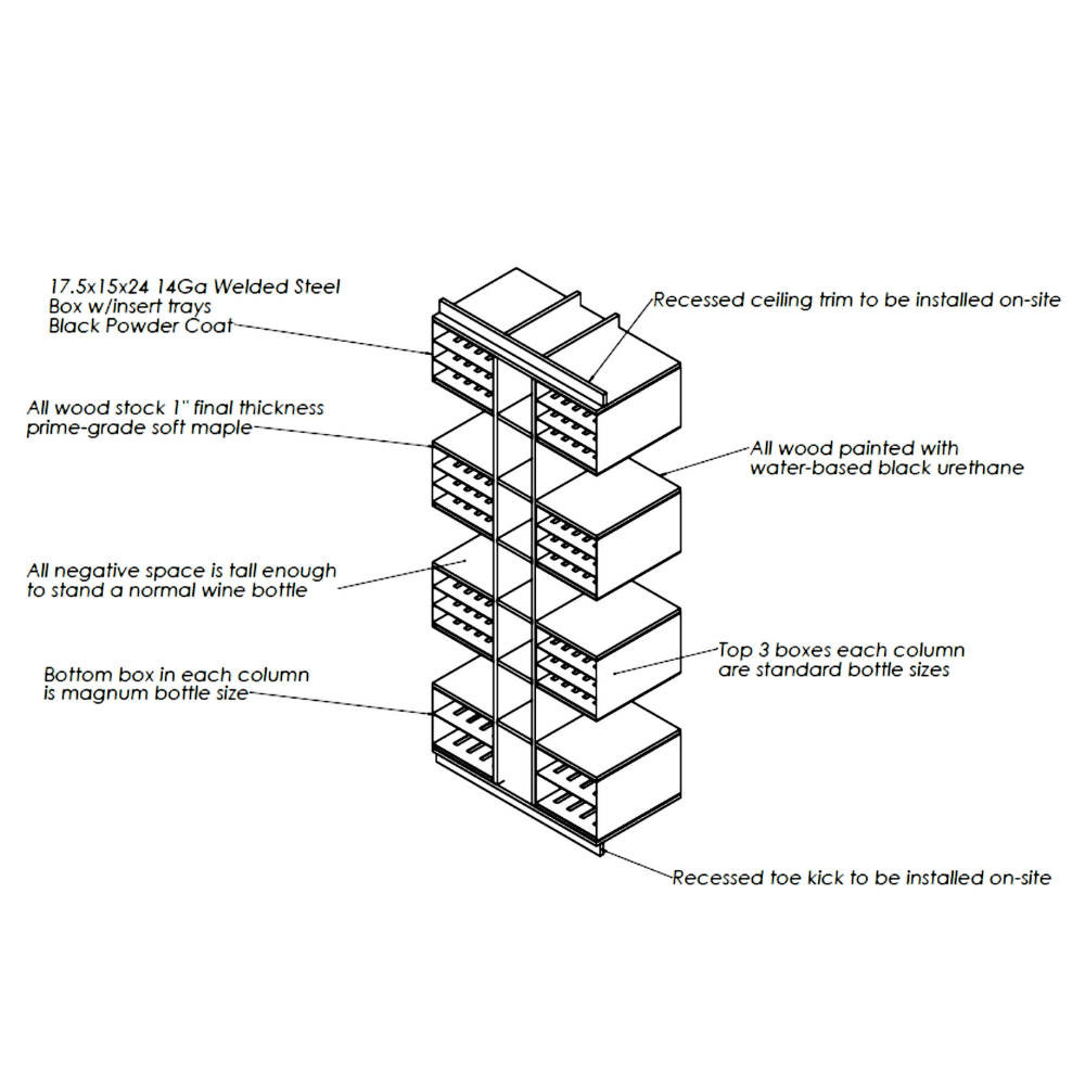 Diagram of a custom wine bottle storage unit with welded steel box frames, wood shelves, and specific design features for wine bottles, including negative space for standing bottles and individual compartments for bottle storage.
