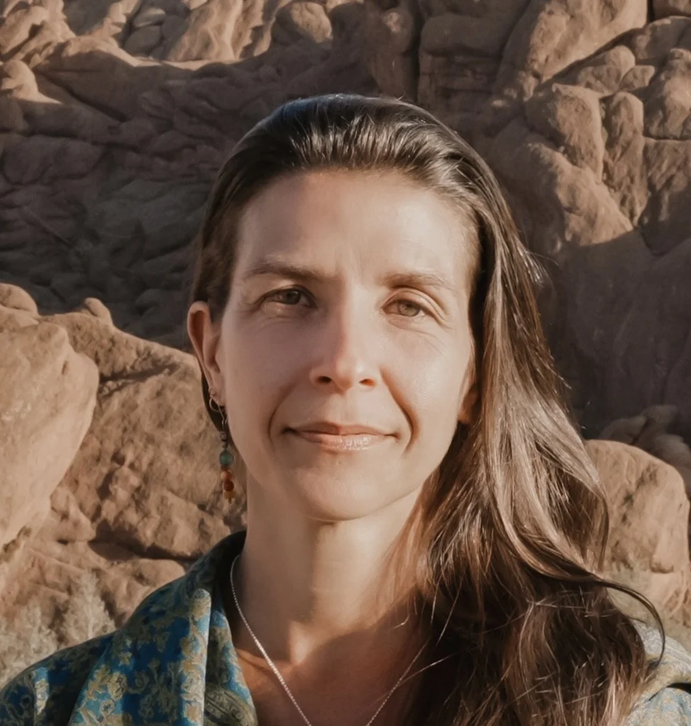 Close-up of a woman with long brown hair, wearing earrings and a patterned top, standing outdoors among rocky terrain. Cheri Tilford, the owner of the Healing Hollow.