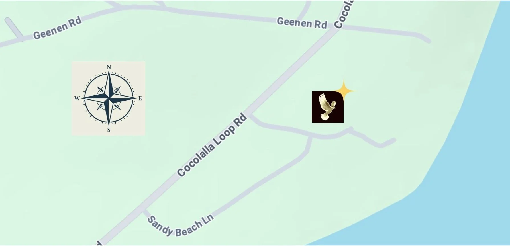 Map showing Cocolalla Loop Road and Sandy Beach Lane, the location of the Healing Hollow, near Cocolalla Lake, with a gold star symbol and a black square featuring a white dove logo. A compass rose indicates north on the map.