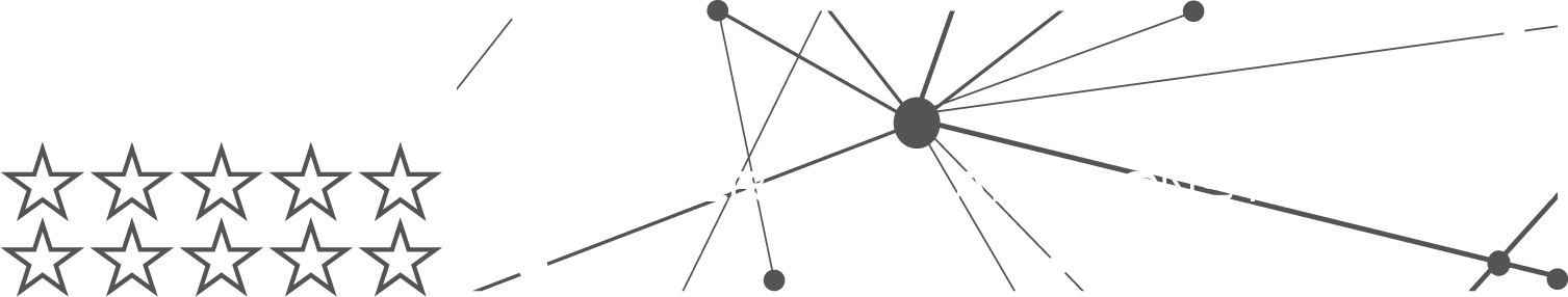 Eight black outlined stars arranged in two rows of four on the left, with lines and dots connected in a web-like network pattern in the background. Representing how No Labels Studio connects individual artists into a larger constellation.