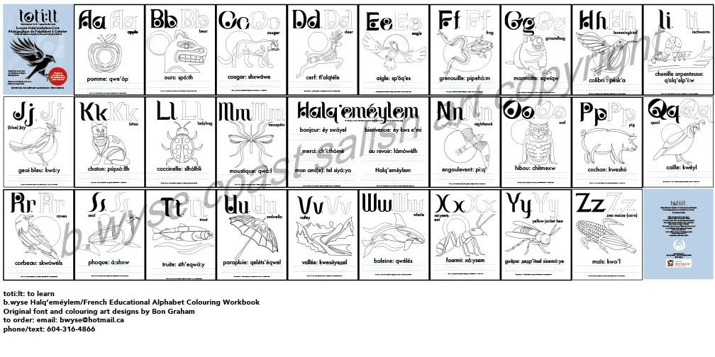 French educational alphabet coloring workbook featuring colorful illustrations and words for each letter of the alphabet, with animal and object images and pronunciation guides.