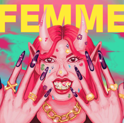 A person with pink hair and a playful expression, showing teeth with gold teeth, wearing multiple rings, a chain necklace, and colorful, decorated nails. They have small, colorful horns and the word 'FEMME' in large yellow letters in the background.