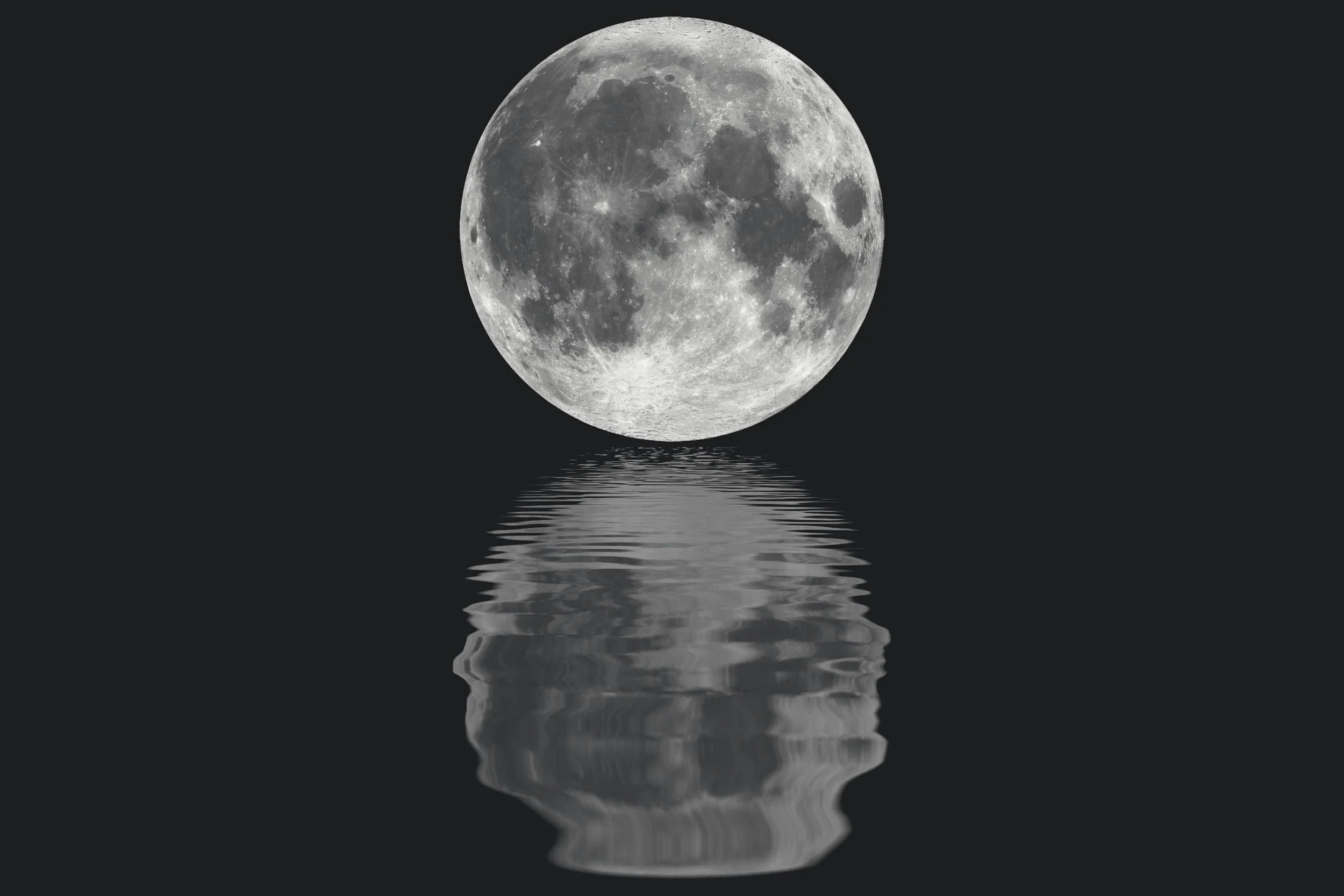 Full moon reflecting on dark water with ripples at night.