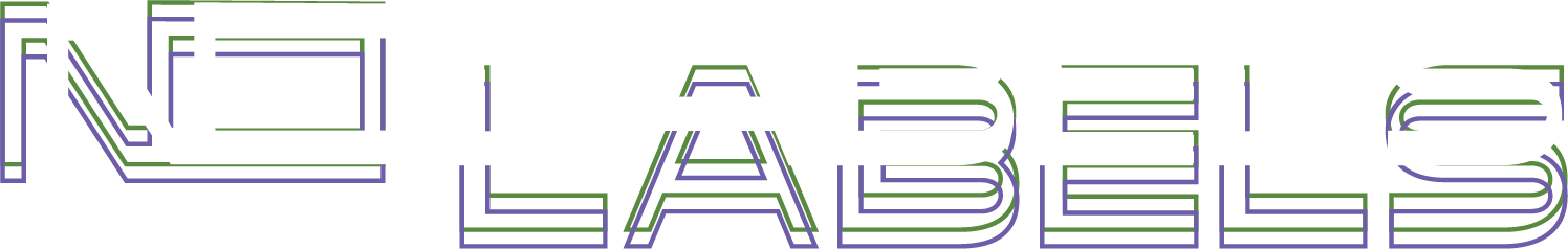 Colorful neon-style text that reads 'NO LABELS' on a white background.