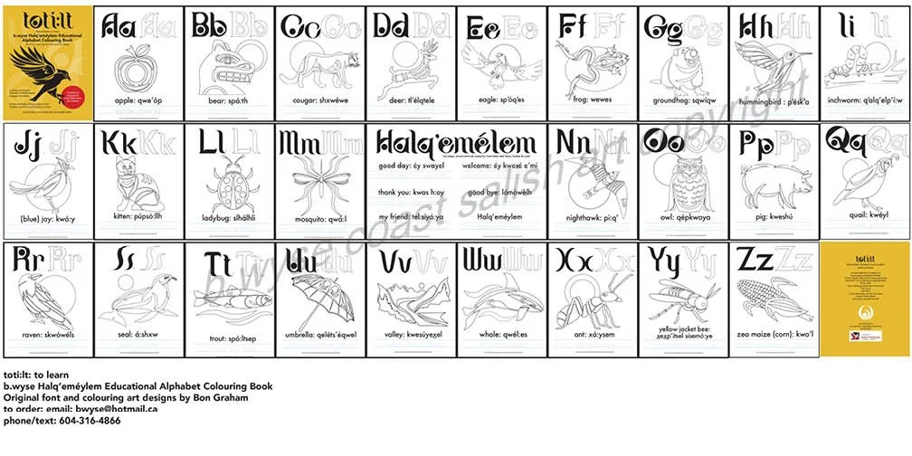 Educational alphabet coloring book page featuring uppercase and lowercase letters from A to Z, each with illustrations and names of animals or objects beginning with the corresponding letter, along with sample pages and artistic designs.