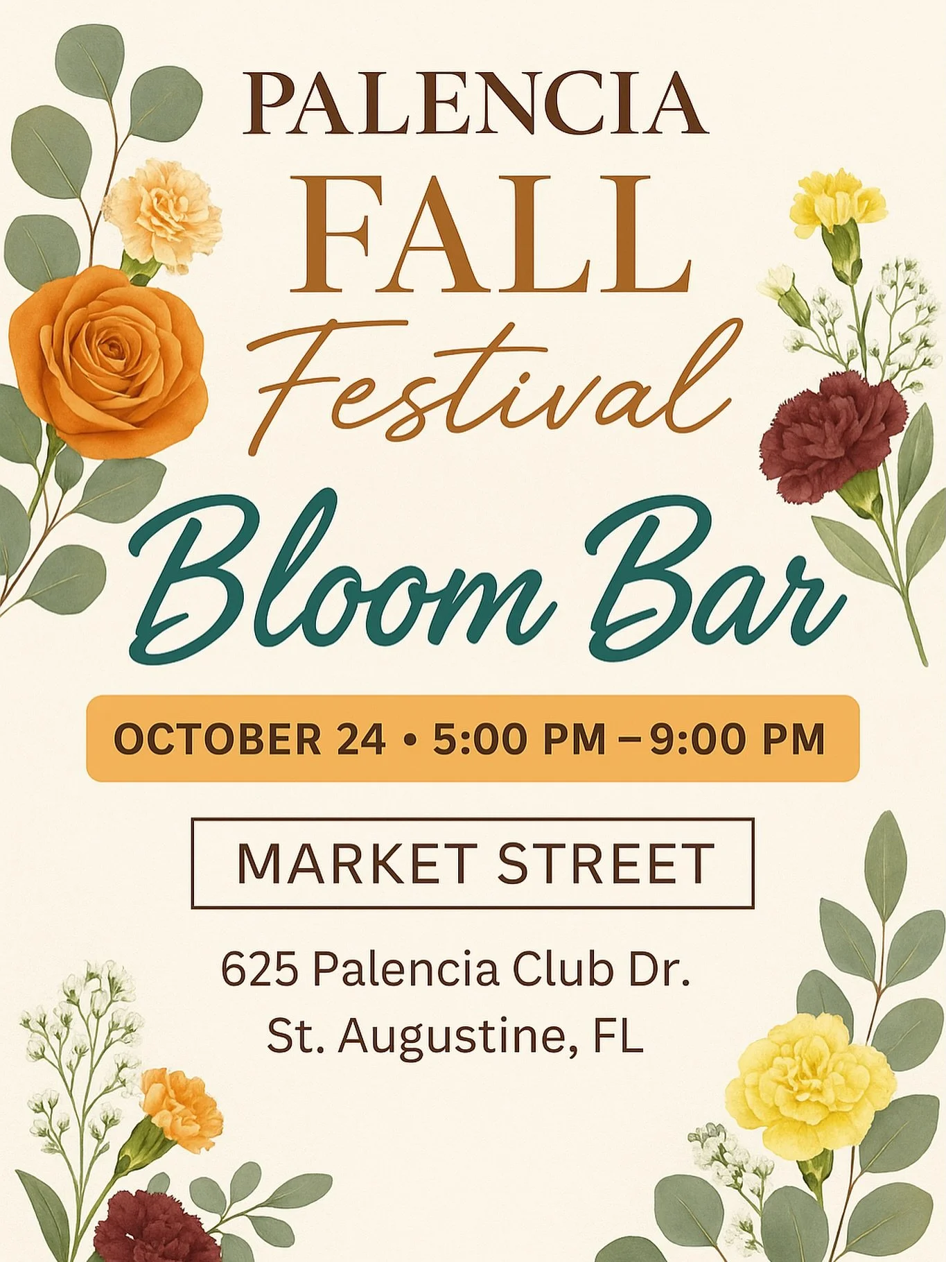 🗓️Tomorrow night in Palencia🍂

The bloom bar be set up with pre-wrapped bouquets along with our classic build your own bouquet options!

Can&rsquo;t wait to meet you &amp; kickoff the fall in St. Augustine with a cool night &amp; great vendors. 🎃