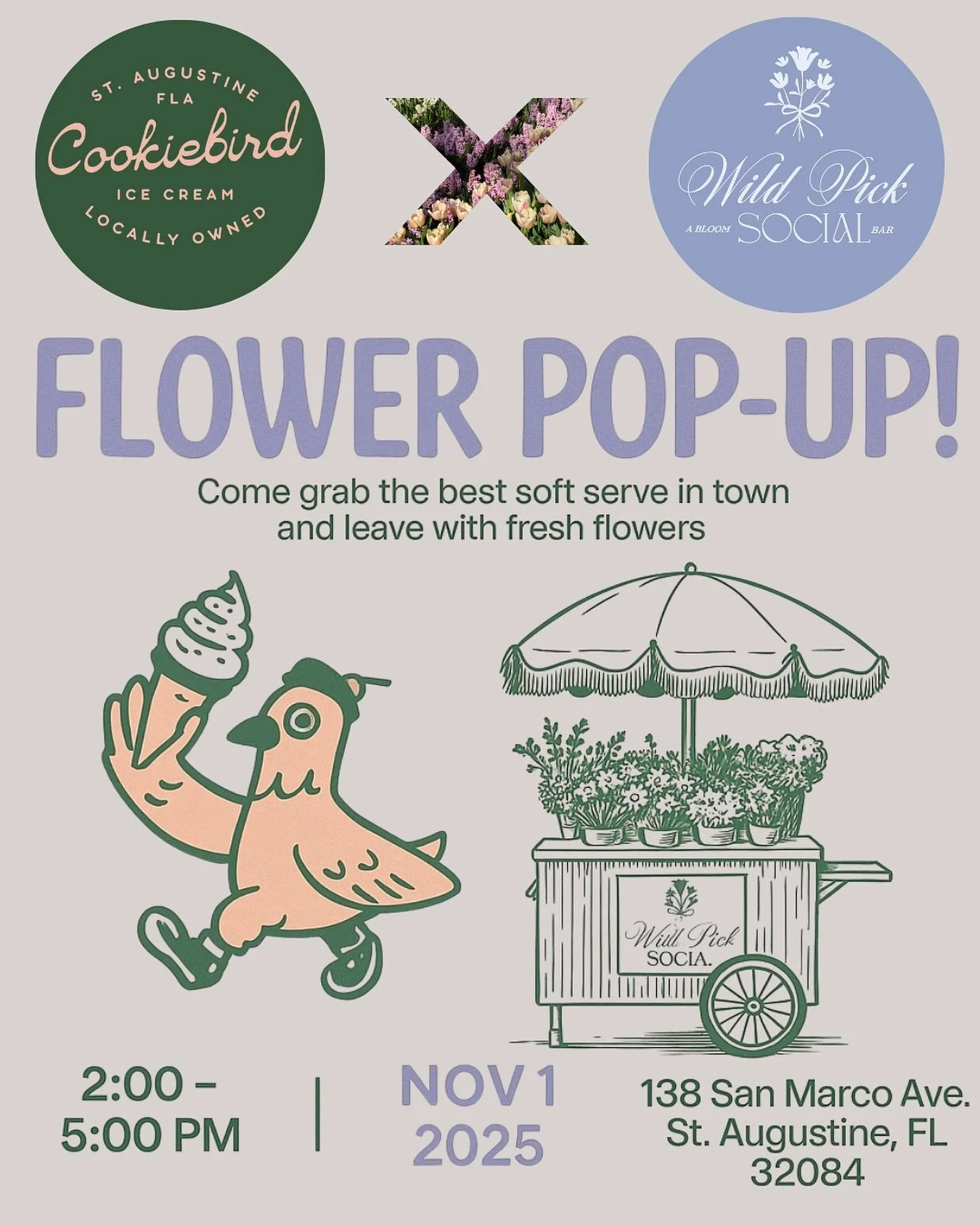 You have plans on Saturday. It&rsquo;s to stop by @cookiebird_icecreambar for some soft serve &amp; grab flowers on your way out.🍦💐

Bring your mom, bring your kids, go on a date. We&rsquo;re going to be setup from 2-5pm on Saturday November 1!

Se