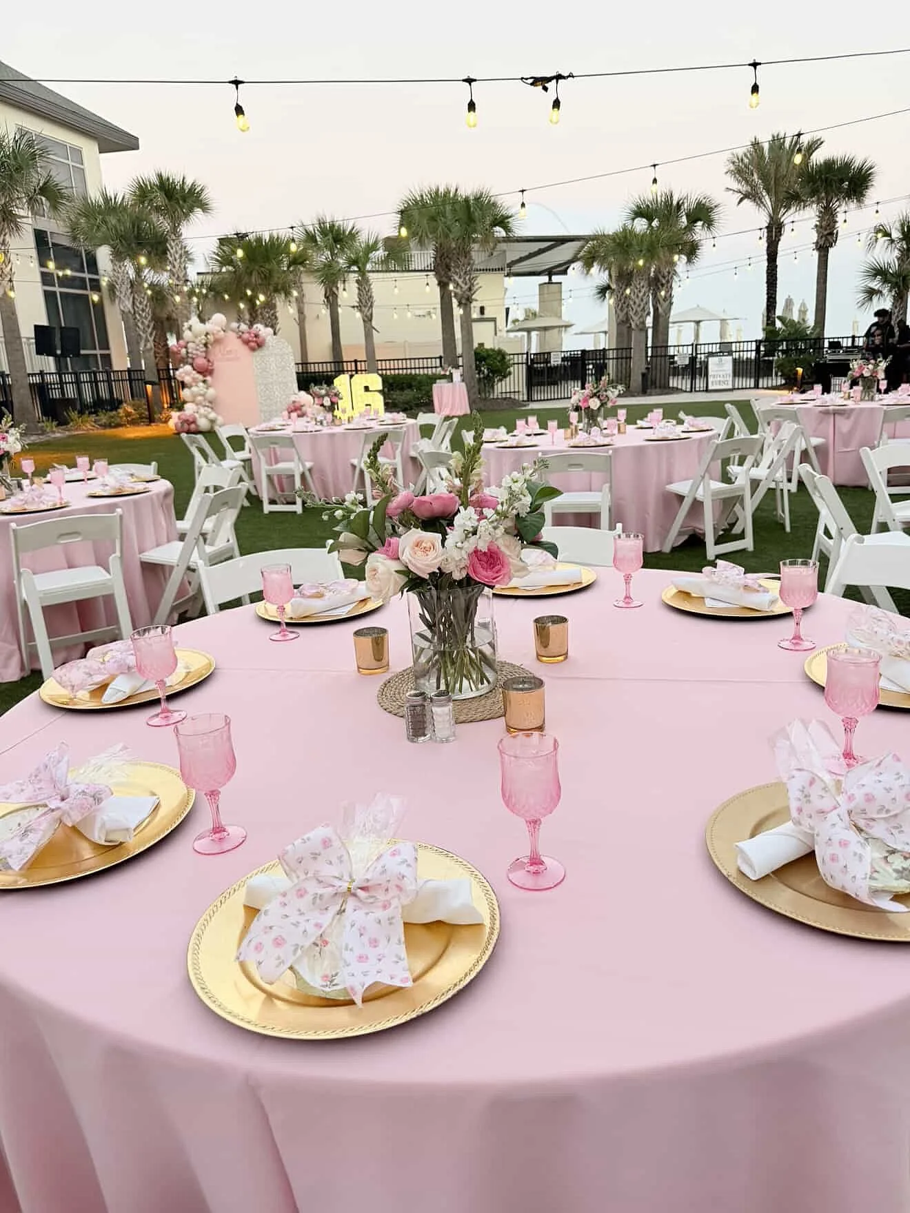 Can you imagine a sweeter 16th birthday?! This setup at the Embassy Suites of St. Augustine had the ultimate ocean view with a sunset glow. 💖

8 &ldquo;Loveshack Fancy&rdquo; themed table arrangements tied together beautifully with the carefully cur