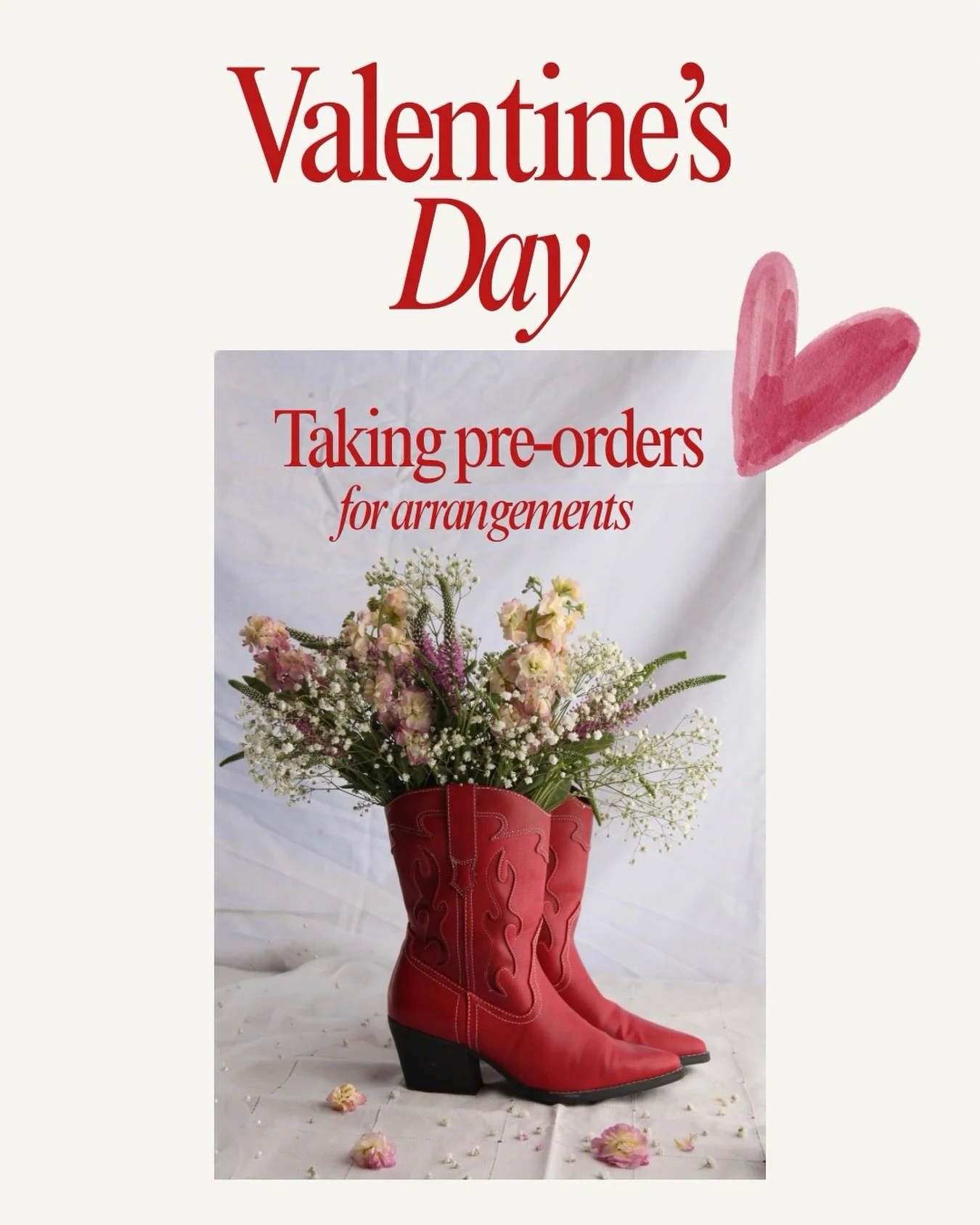 Boots excluded 😉

$150 Valentine&rsquo;s Day arrangement pre-orders are open. Vase included, designers choice or flowers, delivery available (price varies by location). 

Skip the Publix bouquets and get your sweetie some flowers made with 🫶🏻💖. 

