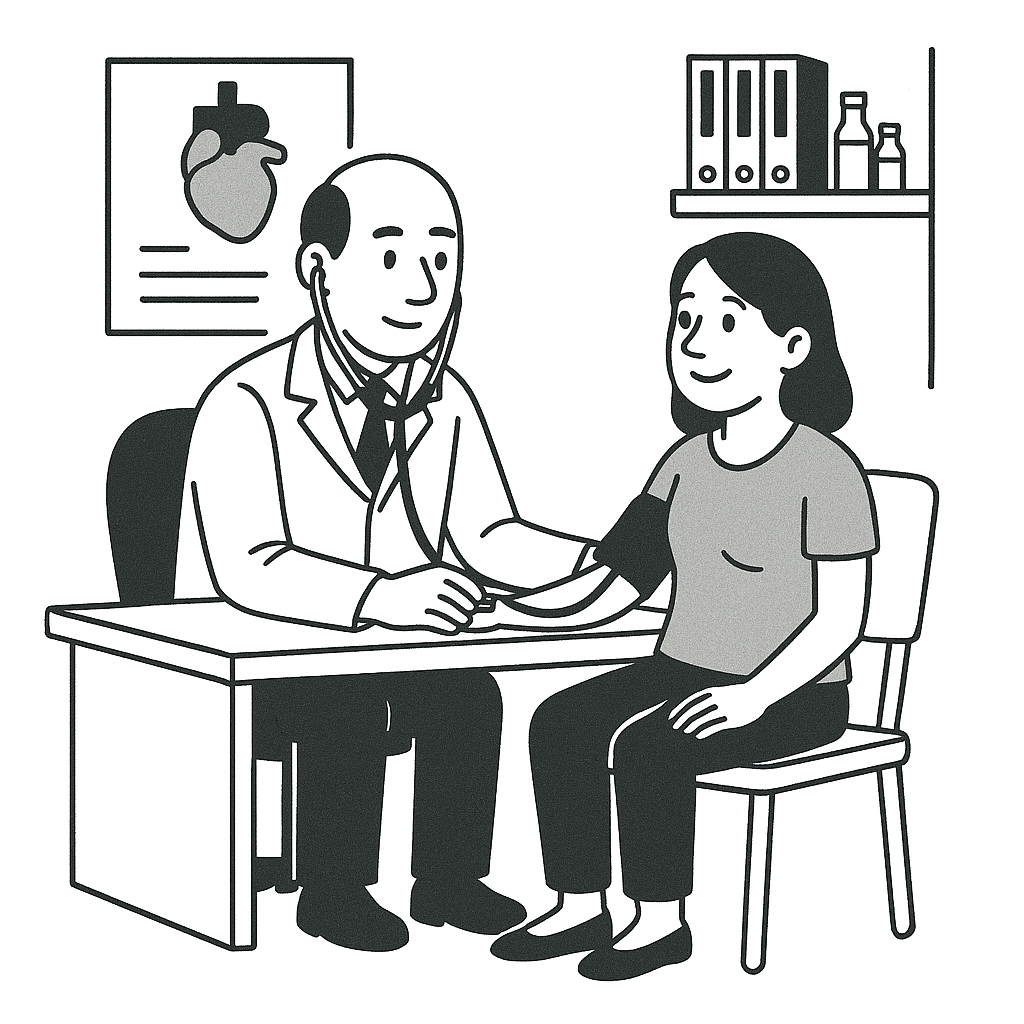A doctor taking a woman's blood pressure in a medical office.