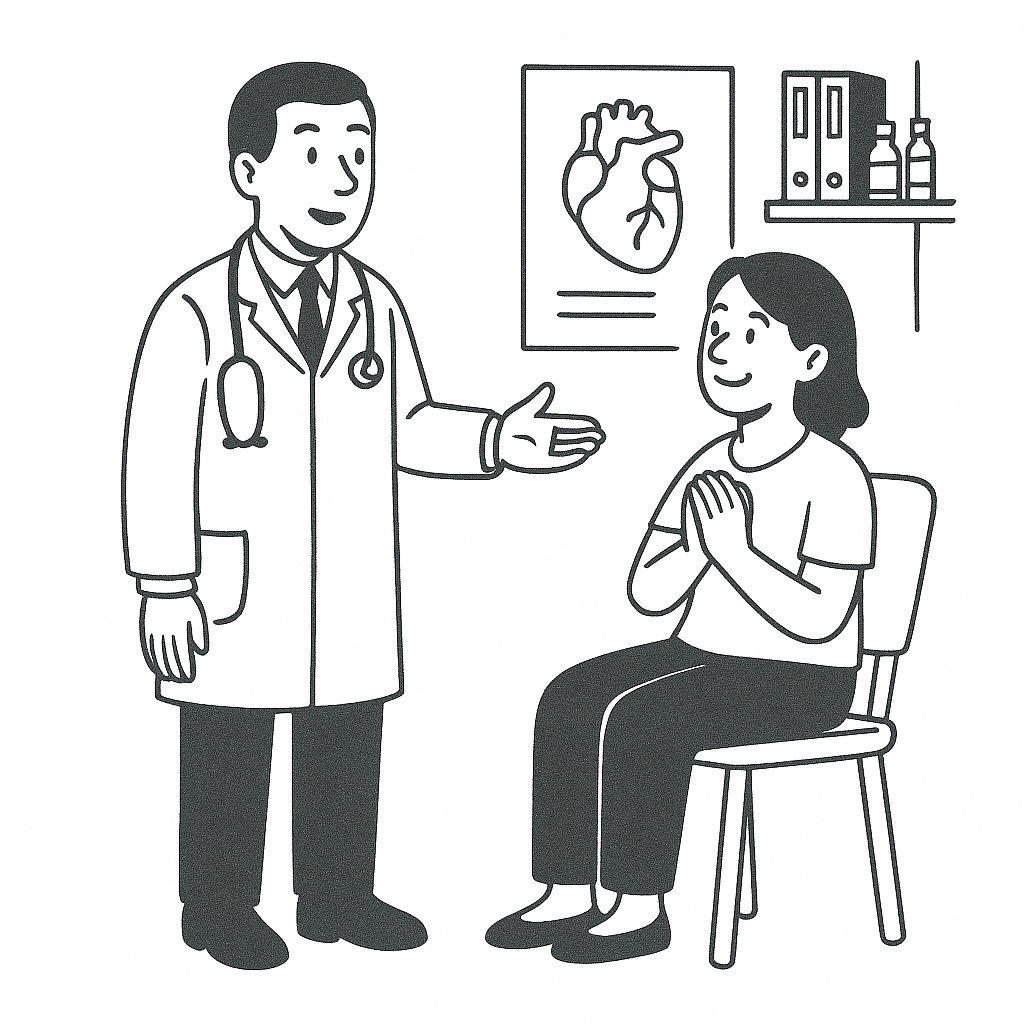 A doctor speaking to a woman patient seated in a chair, with a heart diagram on the wall behind them.