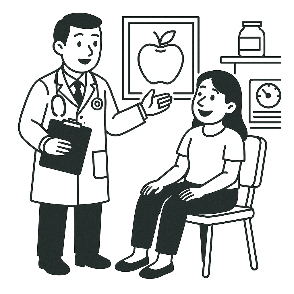 A doctor talking to a female patient seated in a medical office, with a picture of an apple on the wall and medical equipment in the background.