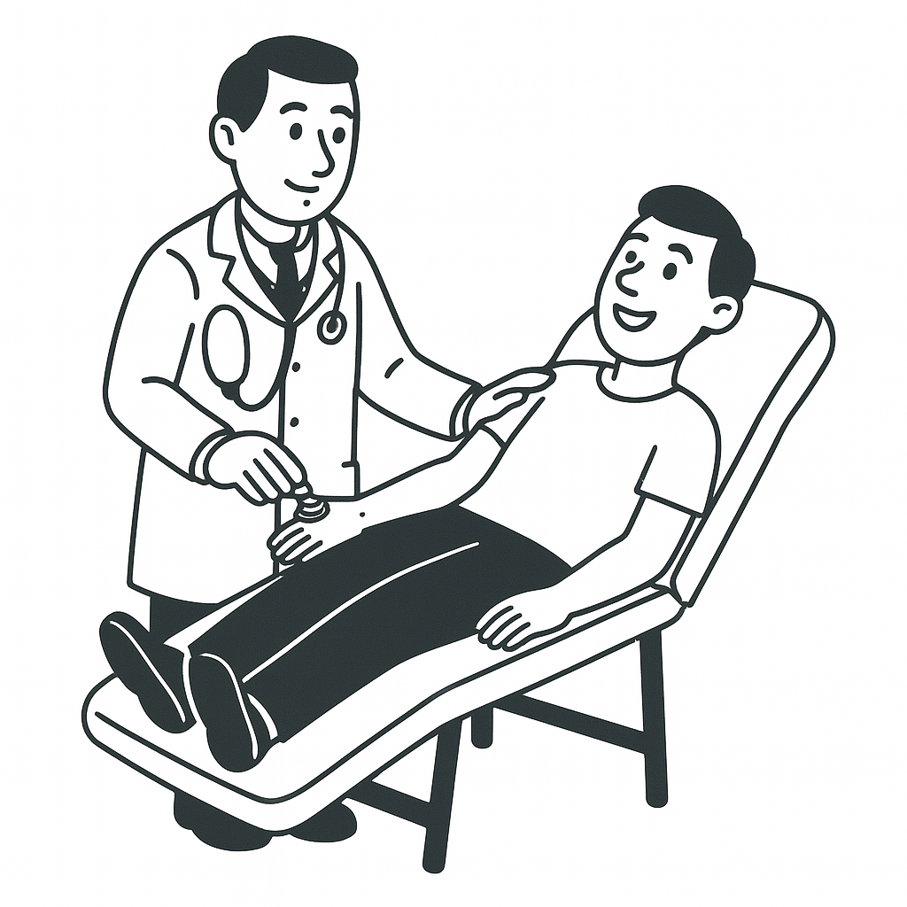 Doctor examining a smiling patient lying on a medical examination table.