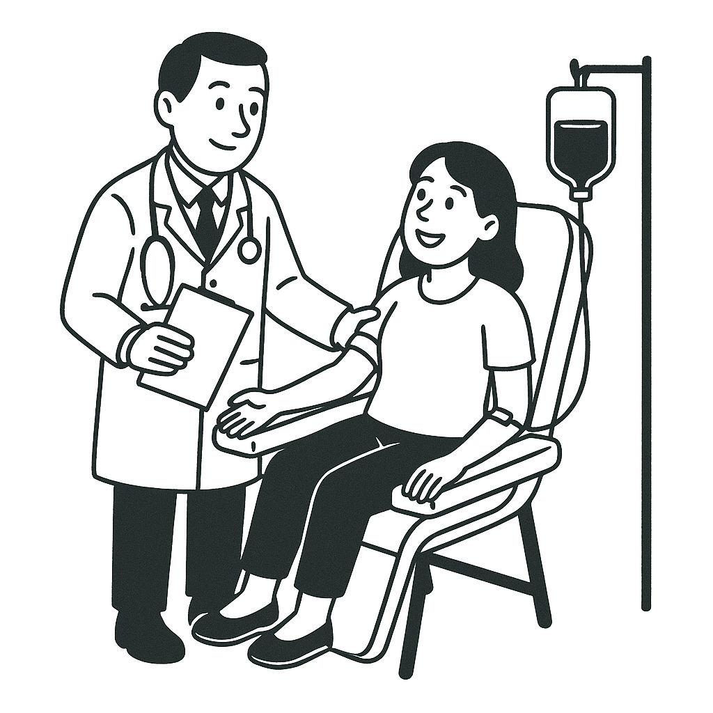 Black and white illustration of a doctor talking to a female patient sitting in a hospital chair with an IV stand beside her.