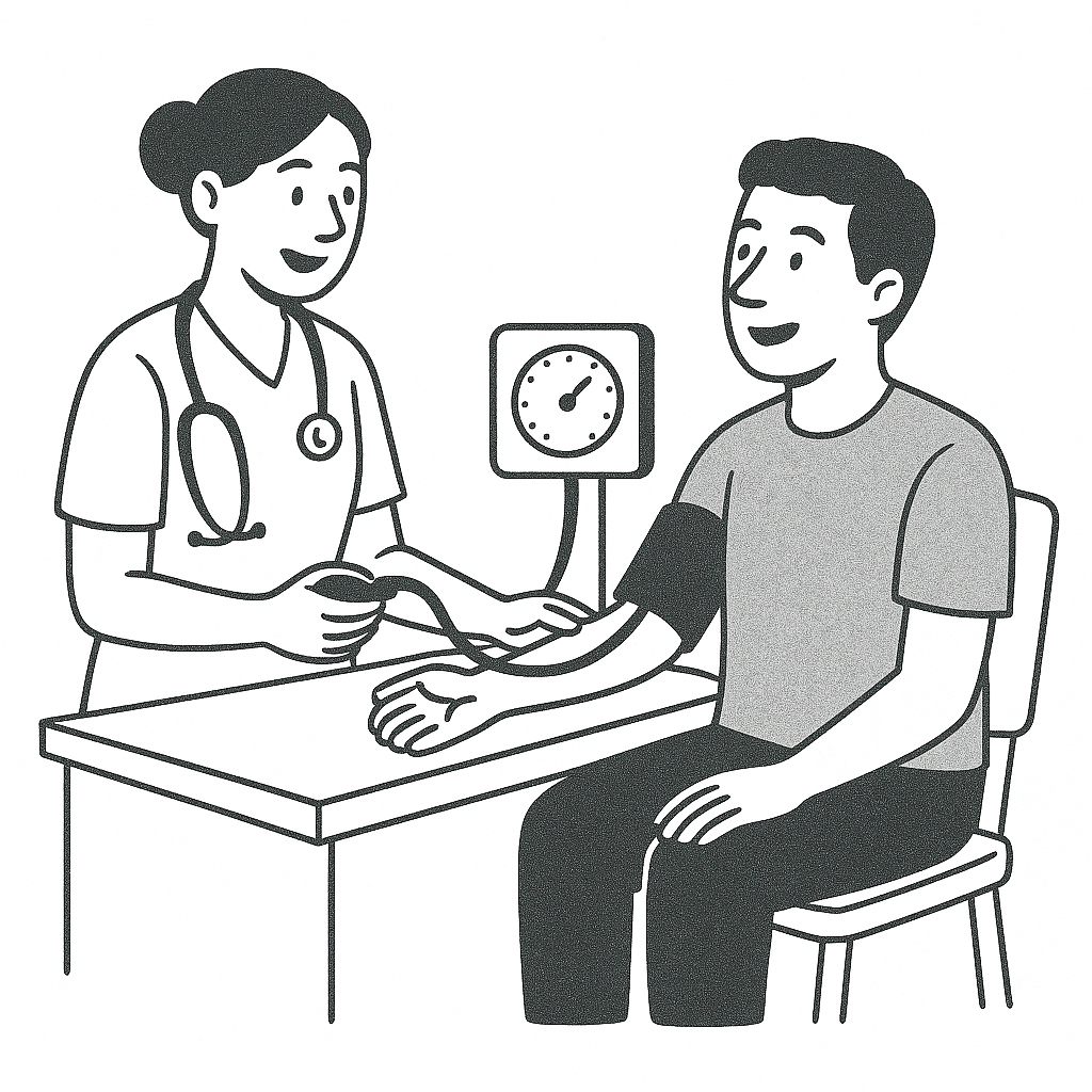 Black and white illustration of a healthcare professional taking a patient's blood pressure. The nurse uses a stethoscope and sphygmomanometer on a seated man who smiles and rests his arm on a table.